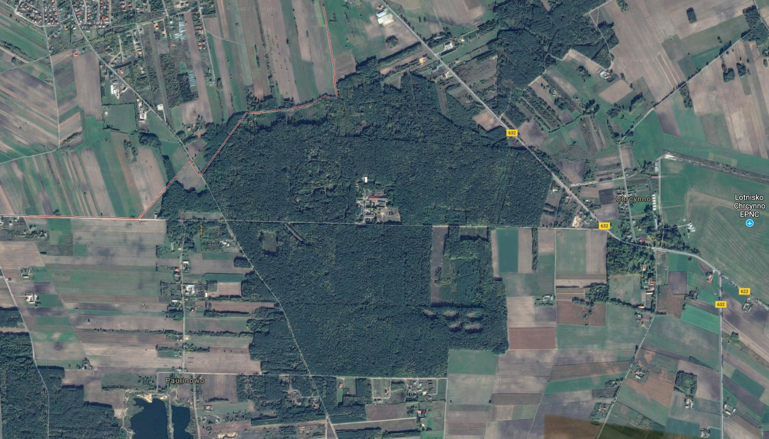 Kompleks leśny koło Nasielska gdzie stacjonował 6. Dywizjon Rakietowy Obrony Powietrznej Kraju. 2017r. Zdjęcie Google