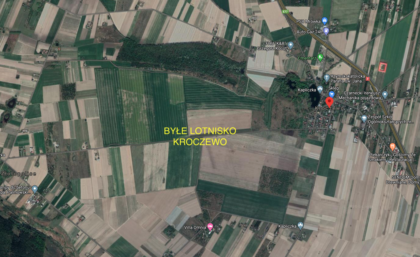 Byłe lotnisko Kroczewo, widok z satelity. 2020 rok. Zdjęcie LAC