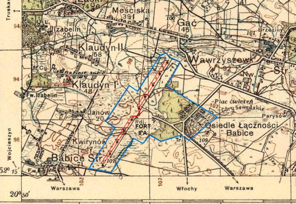 Transatlantic Radio Station Babice on the map from 1935. Visible arrangement of masts, communication housing estate and a tram line.