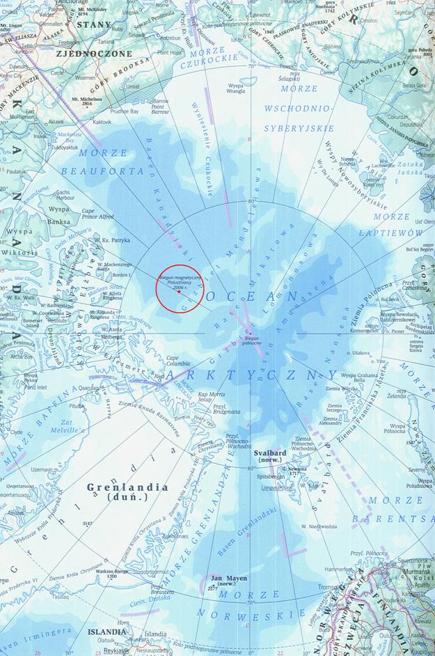 Arktyka z zaznaczonym Biegunem Magnetycznym Ziemi Południowym w 2006 roku. Praca Karol Placha Hetman