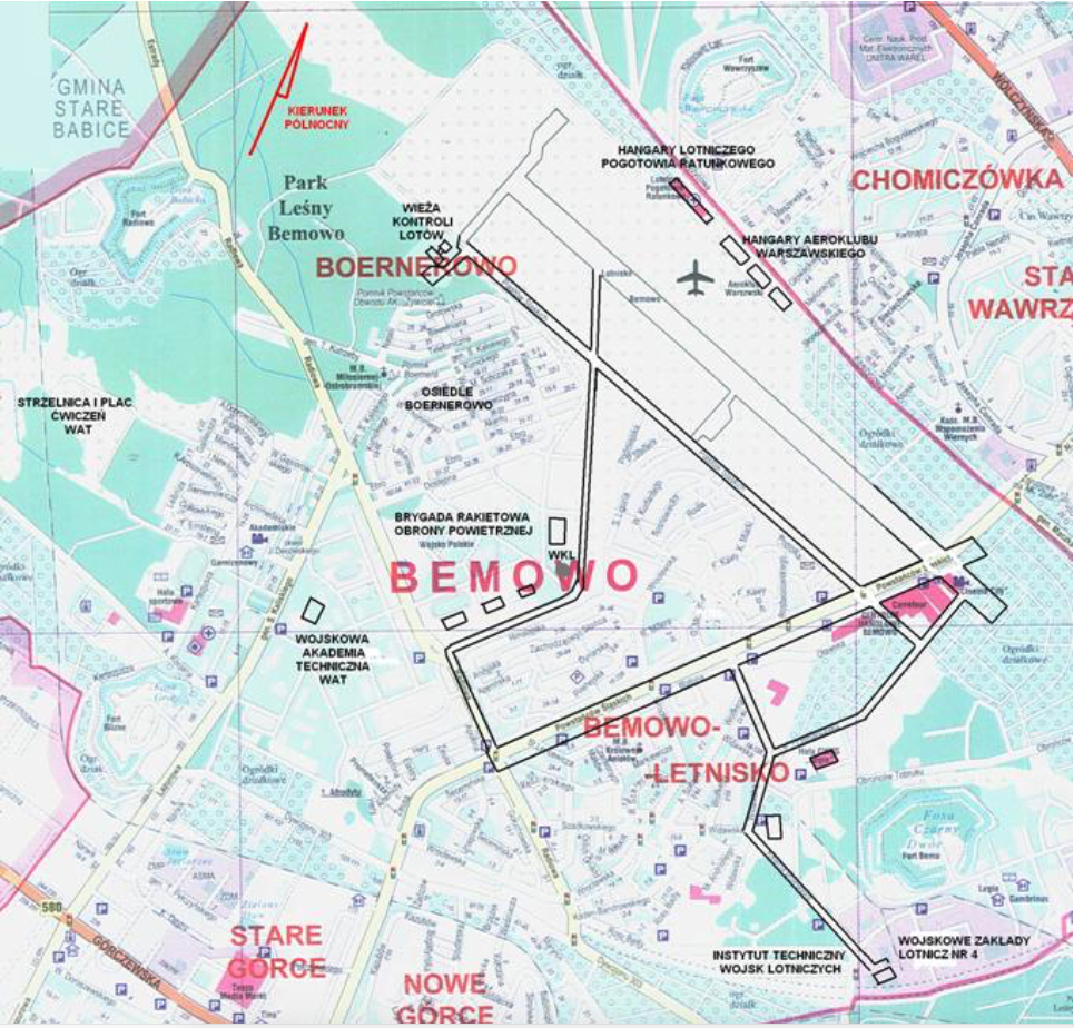 Lotnisko Bemowo w latach swojej świetności, około 1960 roku, na planie Miasta z 2008 roku. Naniesione obie DS, sieć DK i wszystkie hangary. Zdjęcie LAC