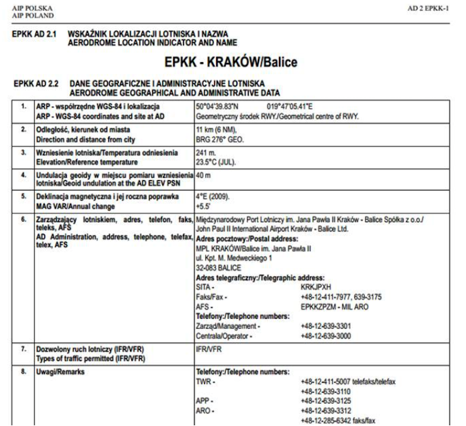 Fragment dokumentu EPKK Kraków-Balice. Już w pierwszym punkcie podane są dane ARP. 2012 rok. Zdjęcie Karol Placha Hetman