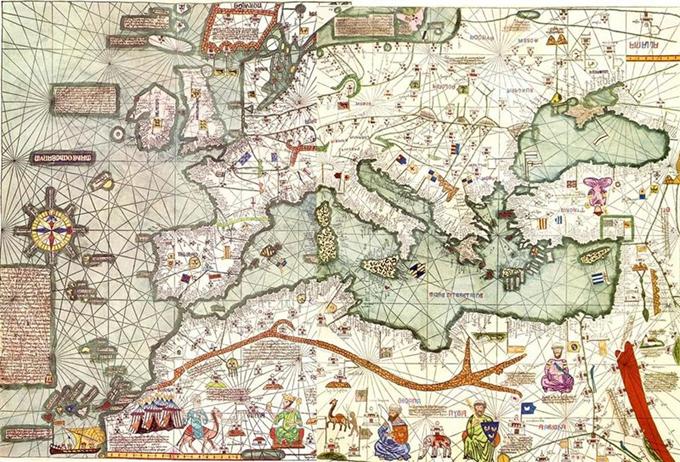 Fragment Atlasu Katalońskiego z 1375r. Jest to przykład mapy kompasowej. Zdjęcie z Wikipedii.