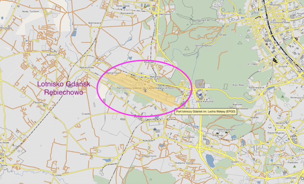 Gdańsk Rębiechowo airport on the map of Poland. 2012 year. The work by Karol Placha Hetman