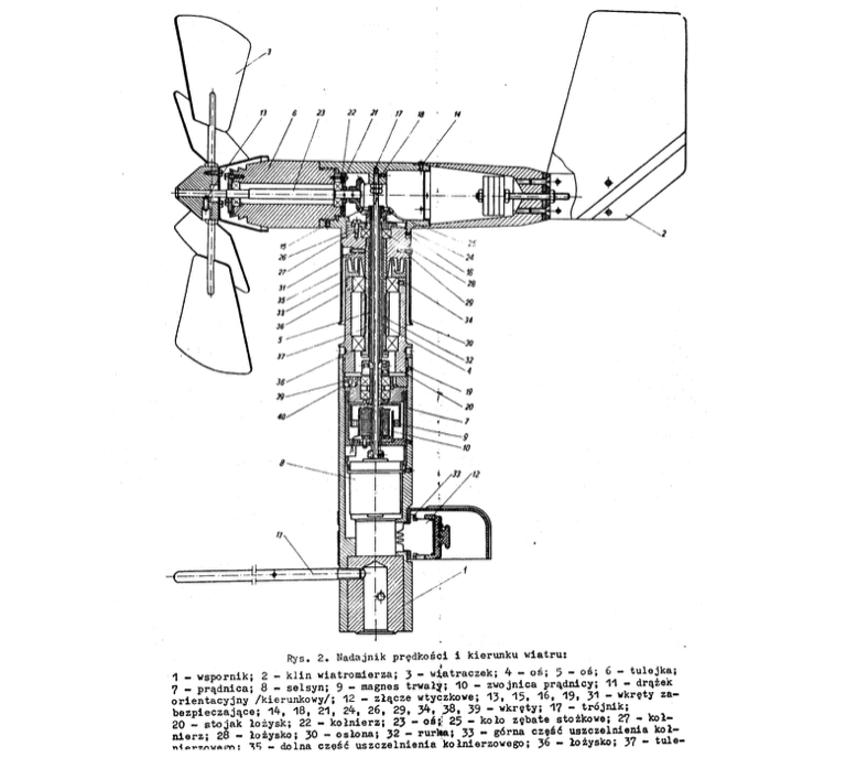 Schemat nadajnika prędkości i kierunku wiatru wiatromierza M-47 rysunek z „Anemometr prędkościowo-kierunkowy M-47”