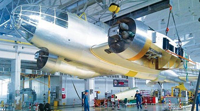 PZL Mielec-Sikorsky. Construction of a replica in the hall where PZL-37 B aircraft were built, in 1939. Photo 2012 year.