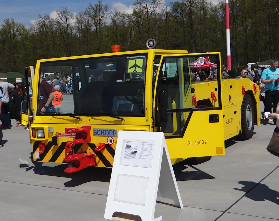 SCHOPF airport drawbar tractor with lifted cabin 2017 year. Photo by Karol Placha Hetman