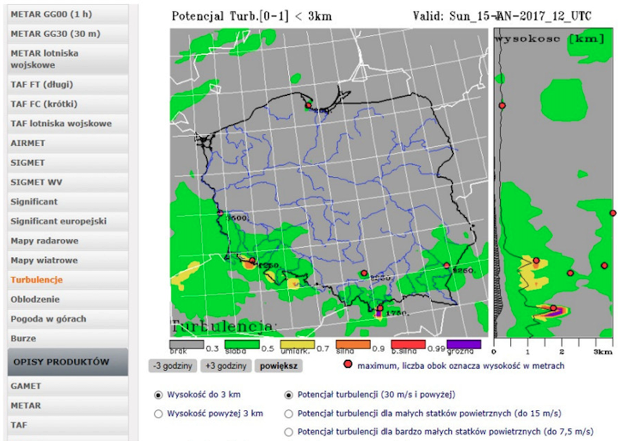 Mapa turbulencji do wysokości 3 000 m w dniu 15.01.2017 rok