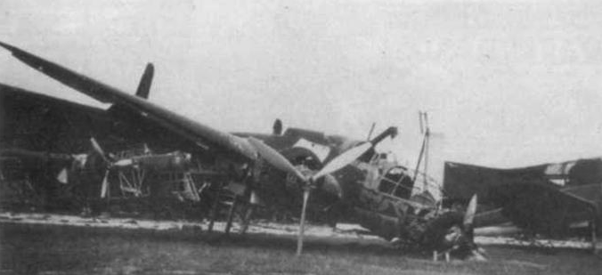 Destroyed PZL-37 Łoś aircraft at Małaszewicze Airport. 1939.