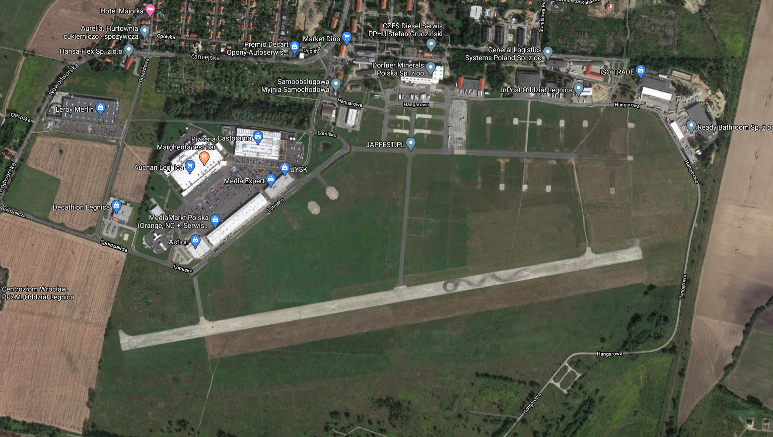 Legnica airport, view from the satellite. 2020 year. Photo of LAC