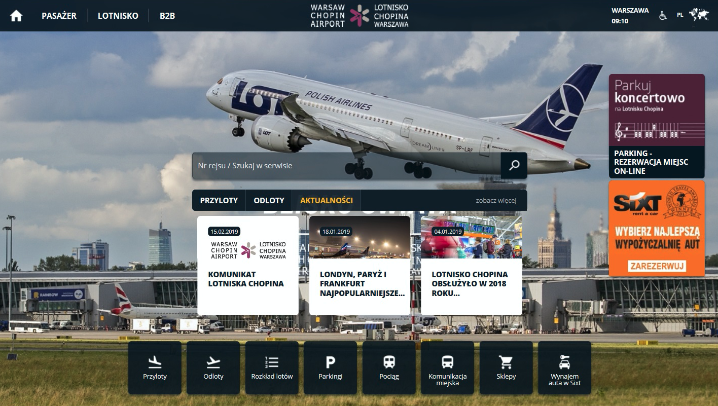 Oficjalna strona internetowa Lotniska Chopina Warszawa. 2019 rok. Zdjęcie port lotniczy