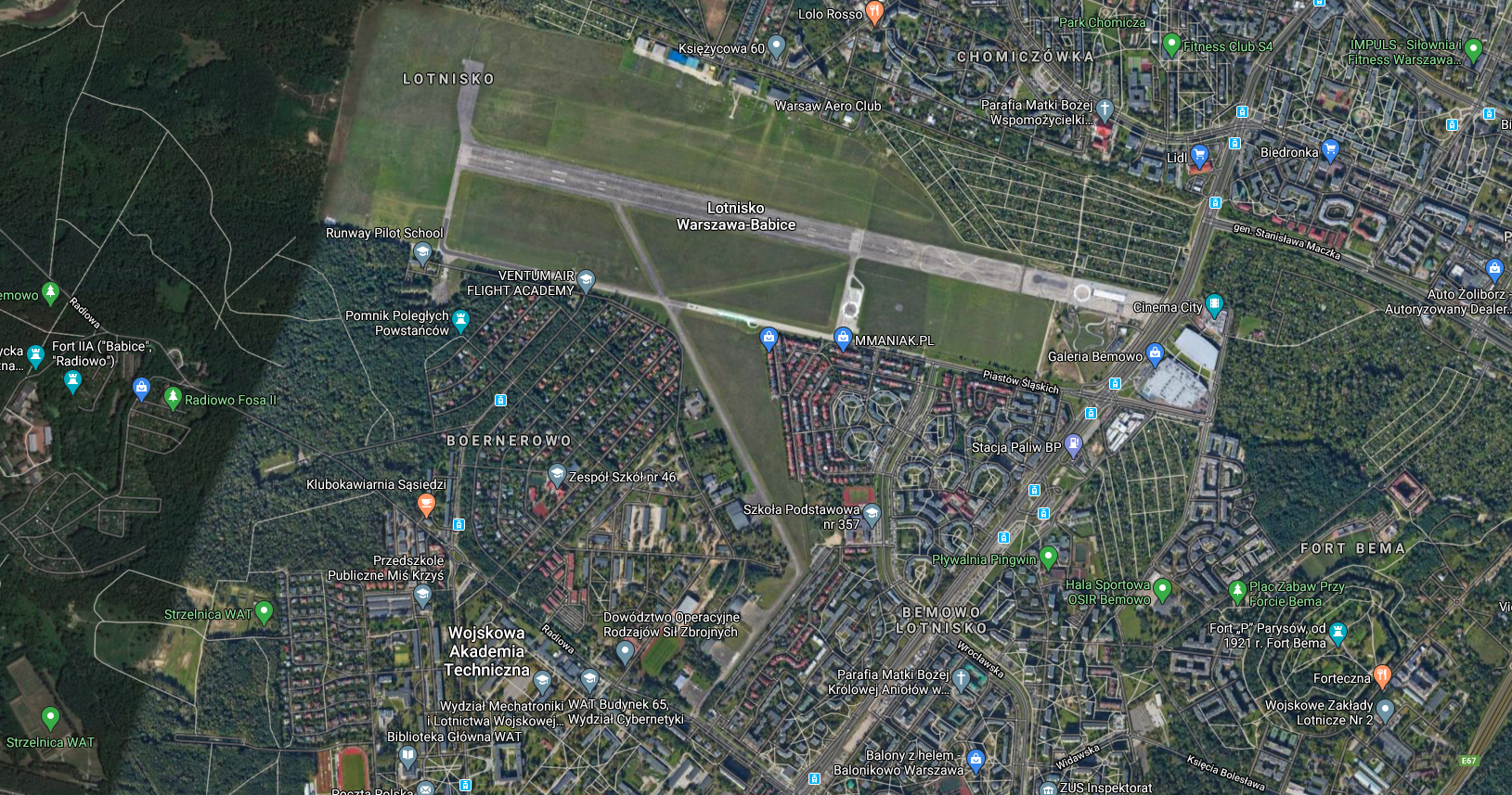 Lotnisko Bemowo, widok z satelity. 2018 rok. Zdjęcie LAC