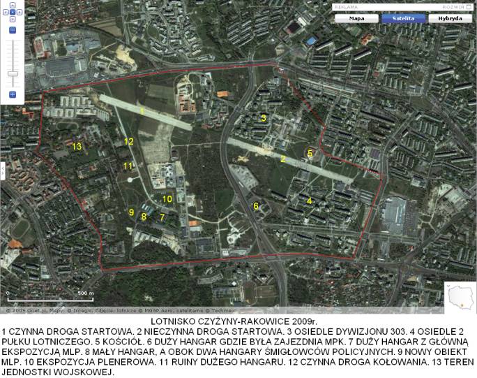 Lotnisko Czyżyny w widoku z satelity. 2009r.