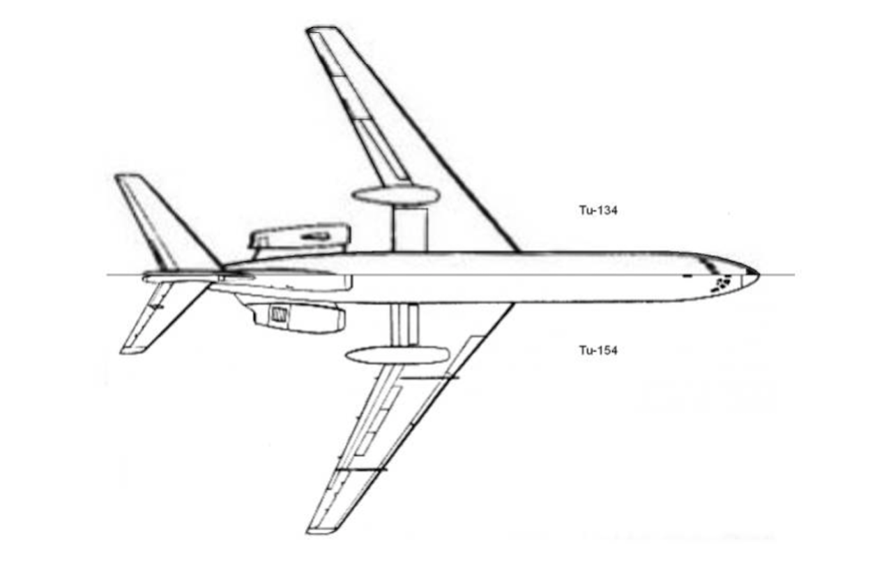 Porównanie sylwetek Tu-134 z Tu-154. 2009 rok. Rysunek Karol Placha Hetman