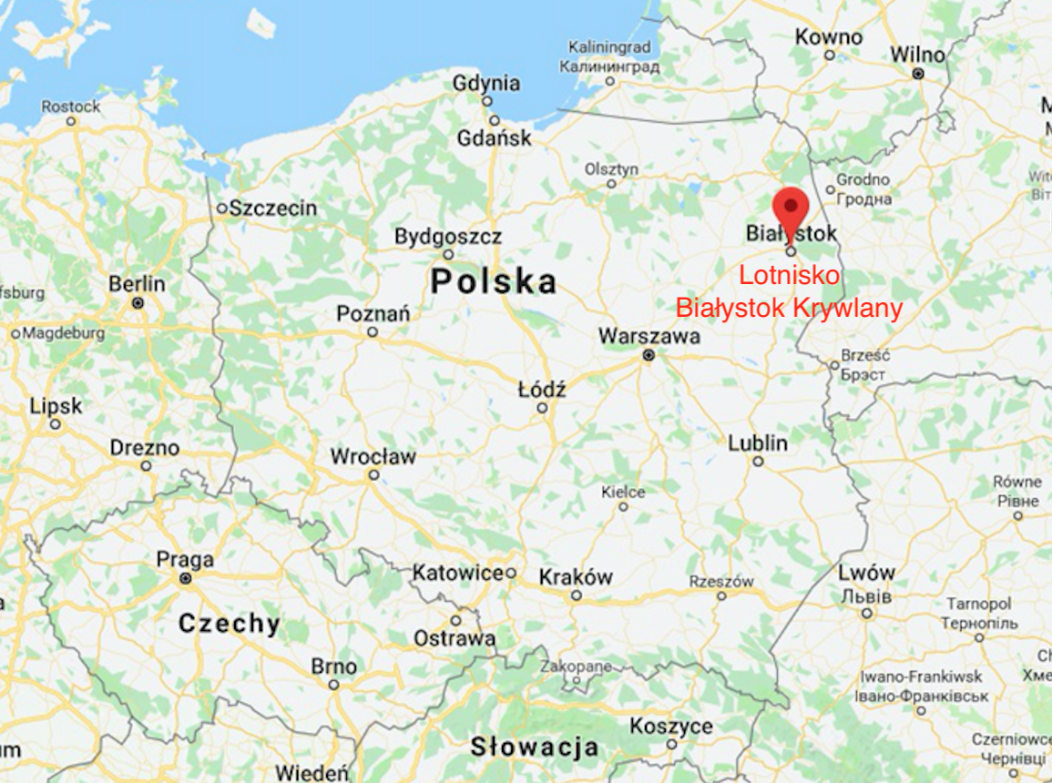 Białystok Krywlany airport on the map. 2018 year