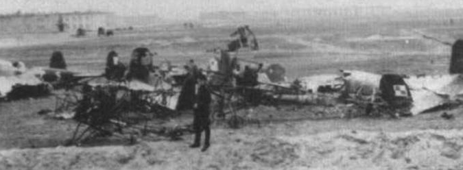 Destroyed PZL-37 Łoś aircraft at Małaszewicze Airport. 1939.