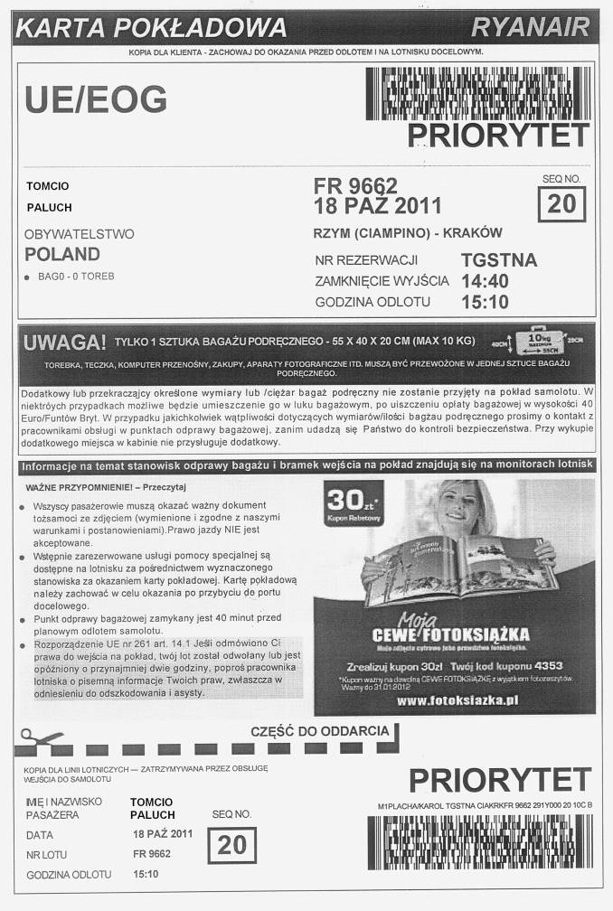 Ryanair Ticket. 2011 year. Photo by Karol Placha Hetman