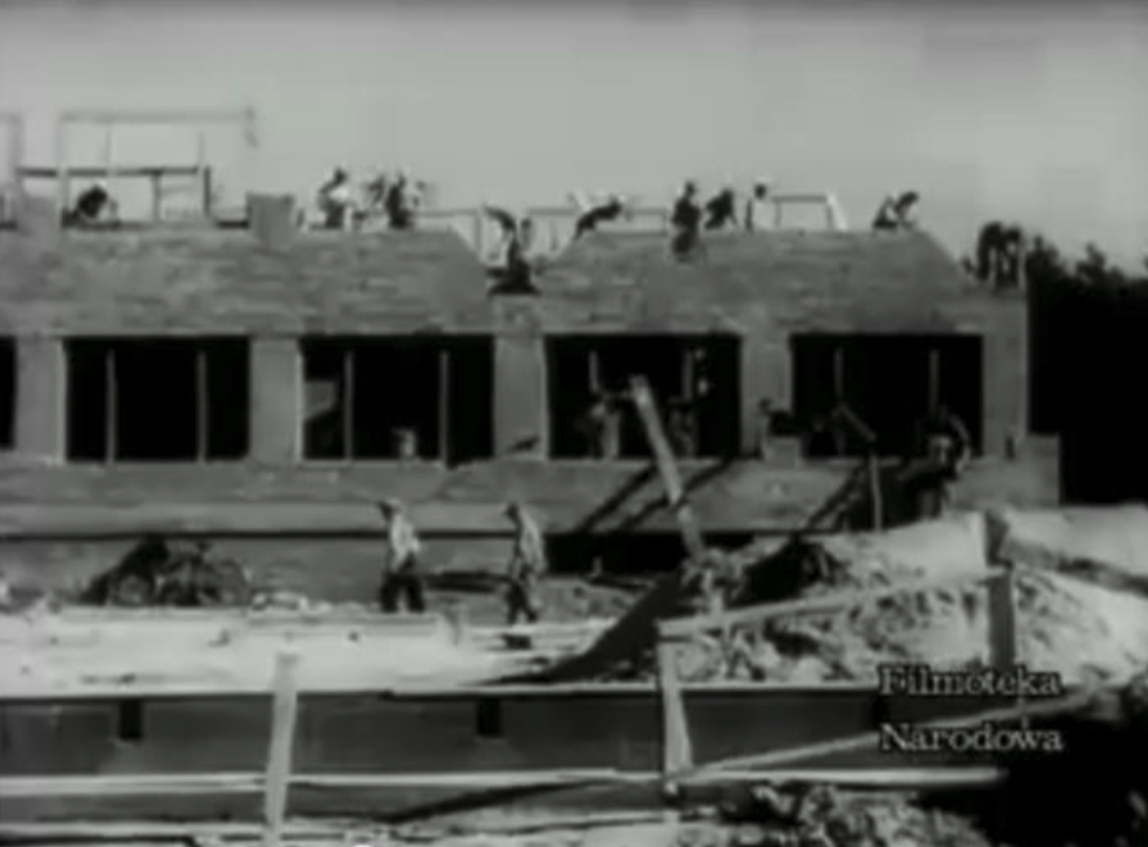 Construction of an administration and dormitory building. Swidnik 1938 year. National Film Archive's photo