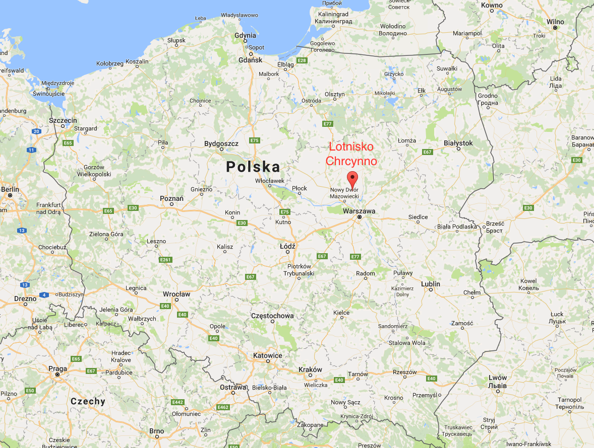 Chrcynno airport on the map of the Republic of Poland. 2017.