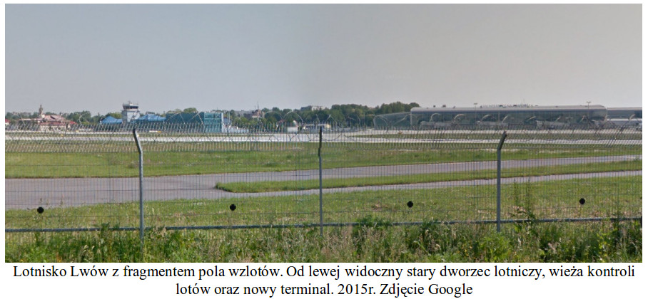 Lotnisko Lwów z fragmentem pola wzlotów. Od lewej widoczny stary dworzec lotniczy, wieża kontroli lotów oraz nowy terminal. 2015 rok. Zdjęcie Google