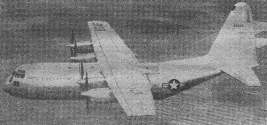 Lockheed C-130 A USAF on the fly. Highly visible nose without a radar and three-blade propellers. 1959. Photo by LAC.