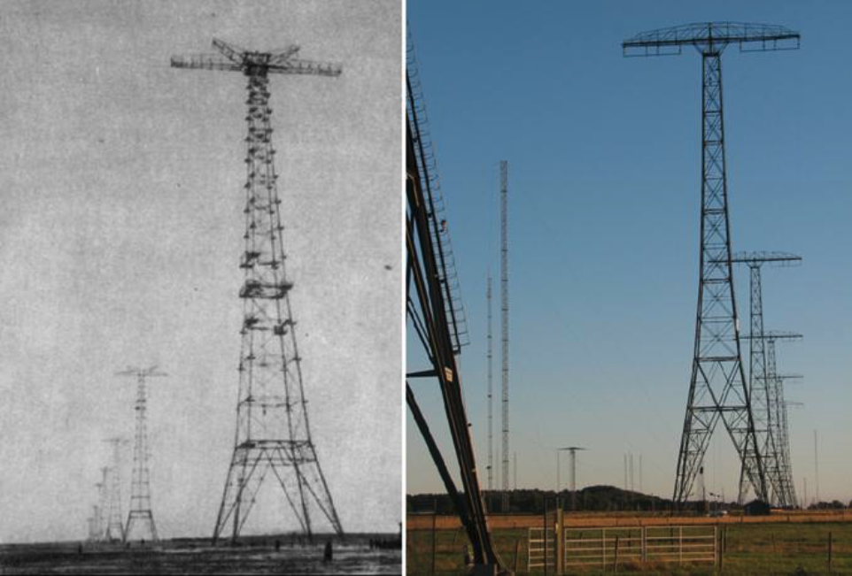 Lewe zdjęcie. Polska Nadawcza Radiostacja Transatlantycka Babice. 1935 rok. Prawe zdjęcie. Radiostacja Varberg w Grimeton w Szwecji. 2004 rok. Zdjęcie LAC