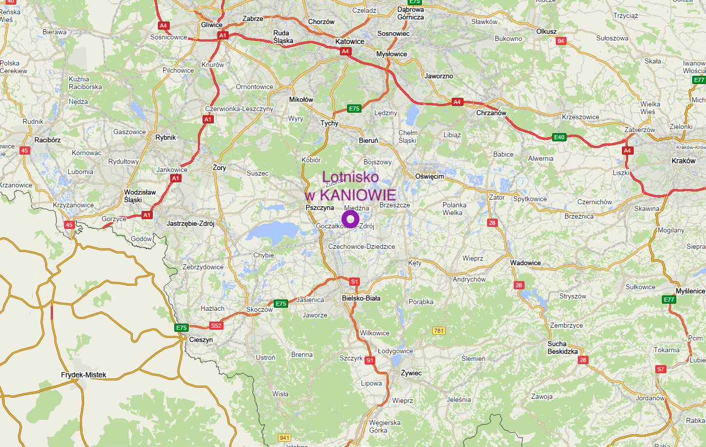 Kaniów airport on the map of Poland. 2021 year.