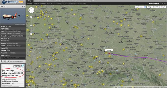 B 777-237LR Air India VT-ALB, transponder
AIC143. Leci z Delhi do Paryża prędkością 887 km/h na pułapie 11 582 m. 7.03.2012r.
Zdjęcie Karol Placha Hetman