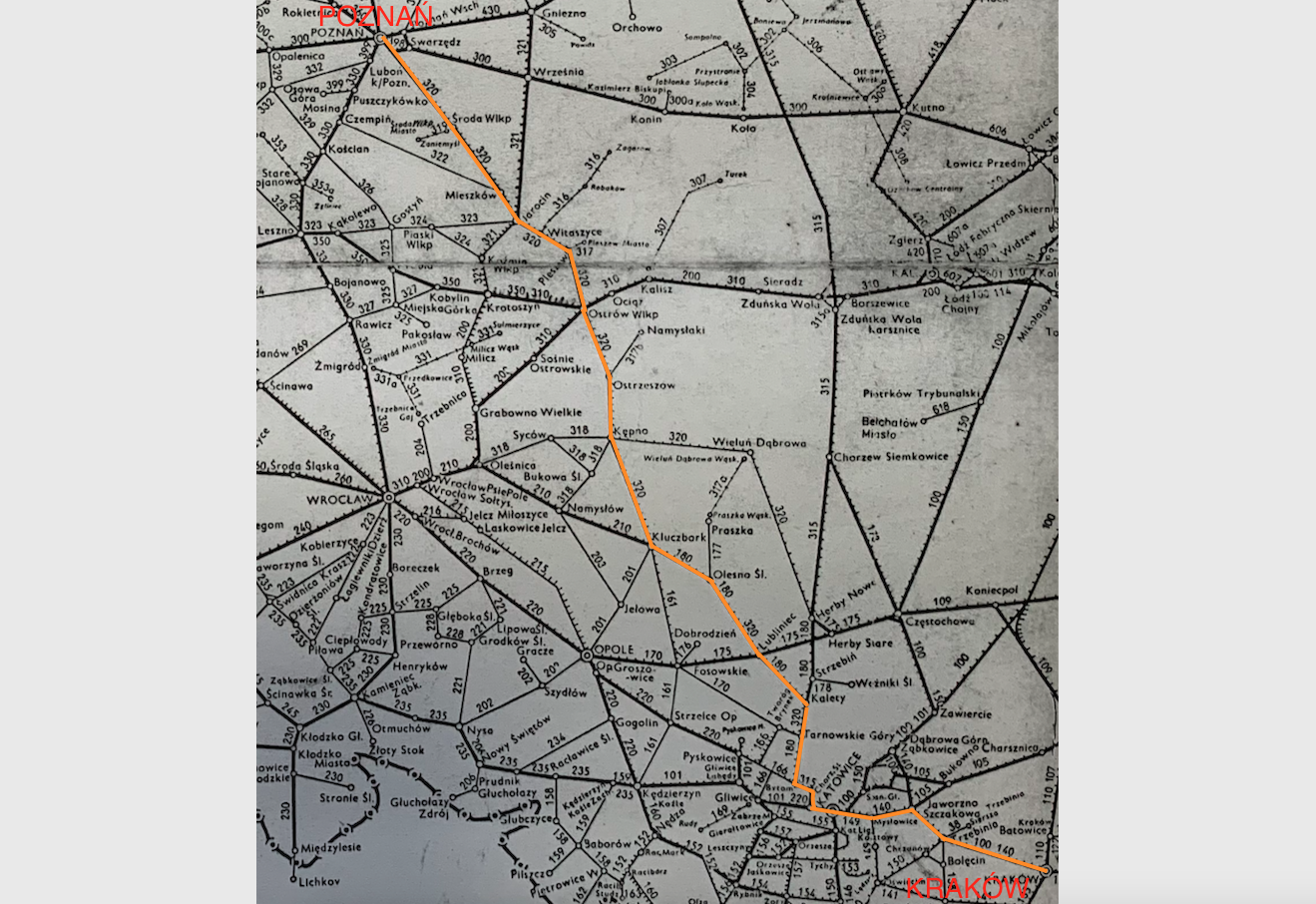 Trasa pociągu w okresie 1964 - 1988. Praca Karol Placha Hetman
