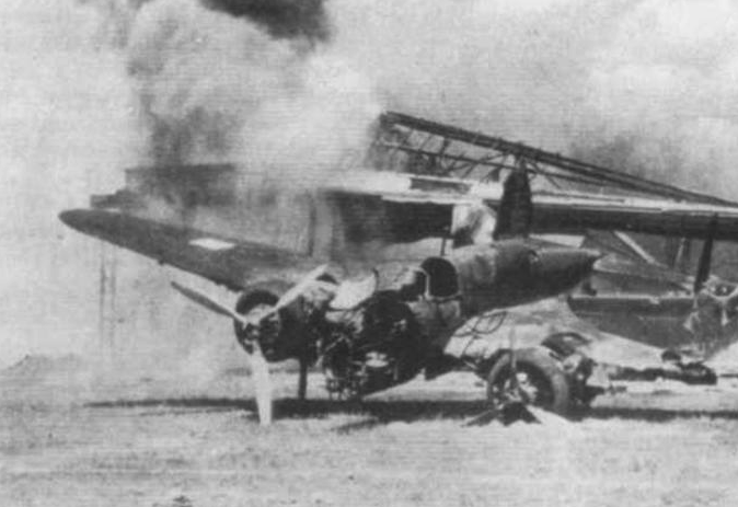 Destroyed PZL-37 Łoś aircraft at Małaszewicze Airport. 1939.