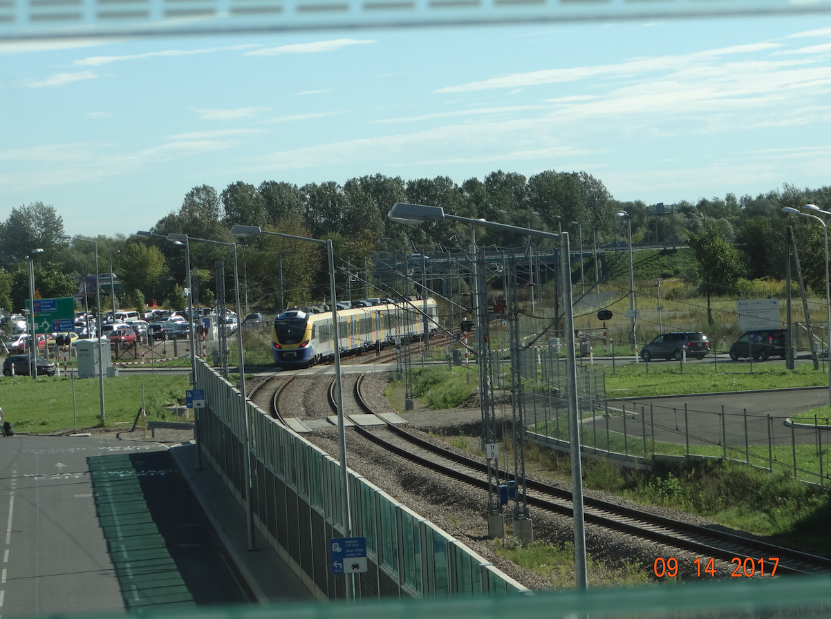 The NEWAG EMU train left the Kraków Airport station. 2017 year. Photo by Karol Placha Hetman