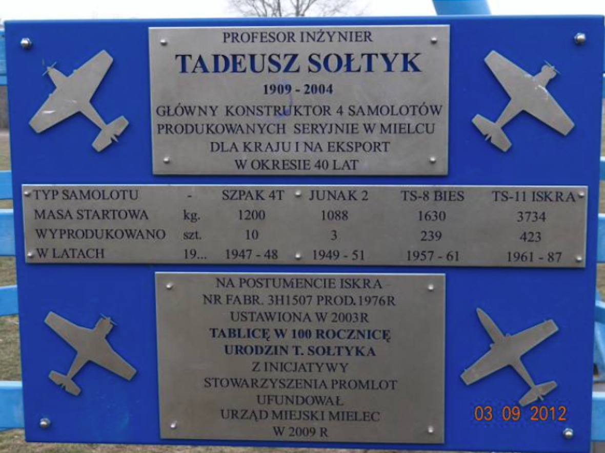 The plaque on the plane-monument commemorating Tadeusz Sołtyk, one of the best Polish aircraft constructors. 2012 year. Photo by Karol Placha Hetman