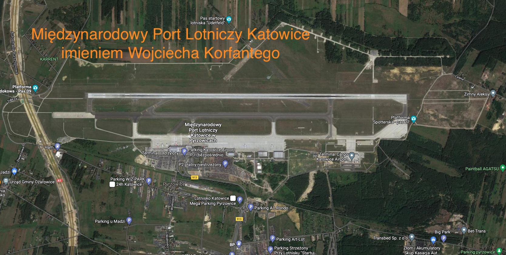 Lotnisko Mierzęcice Pyrzowice. 2022 rok. Zdjęcie GoogleMaps