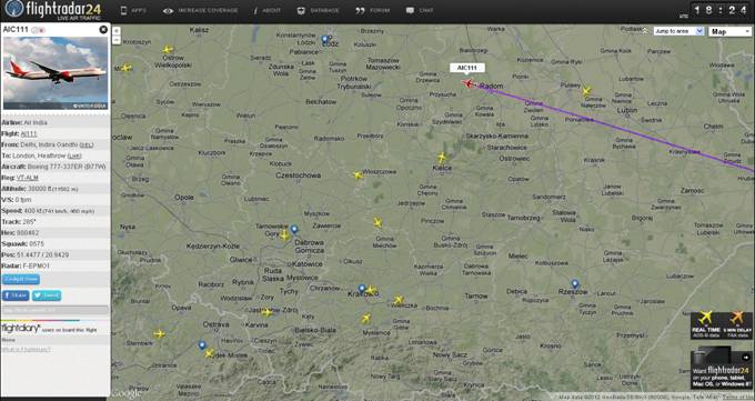 B 777-337ER Air India VT-ALM, transponder
AIC111. Leci z Delhi do Londynu prędkością 741 km/h na pułapie 11 582 m.
26.10.2012r.. Zdjęcie Karol Placha Hetman