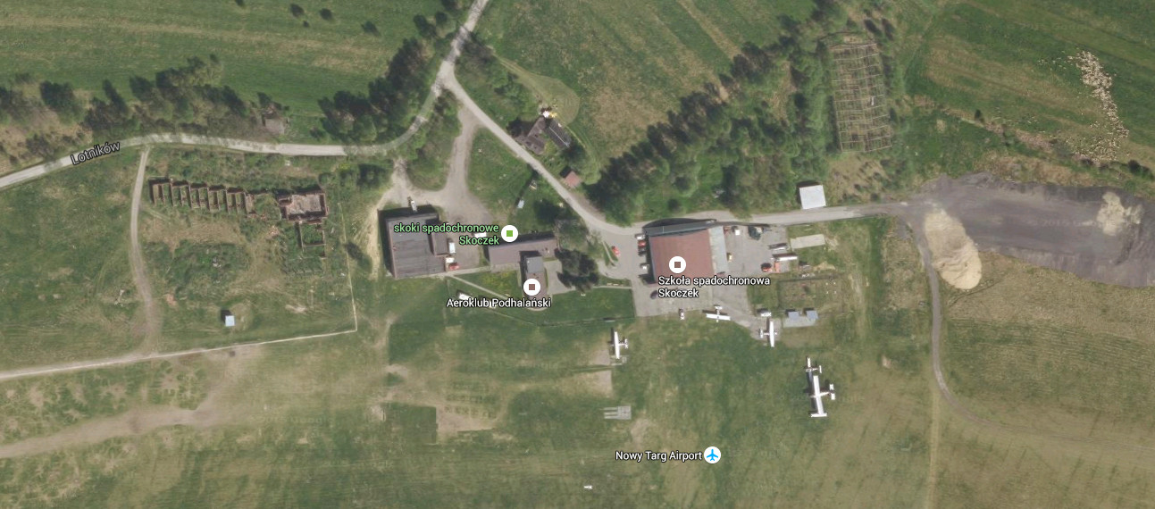 Main facilities of Nowy Targ Airport. 2015 year. Google maps